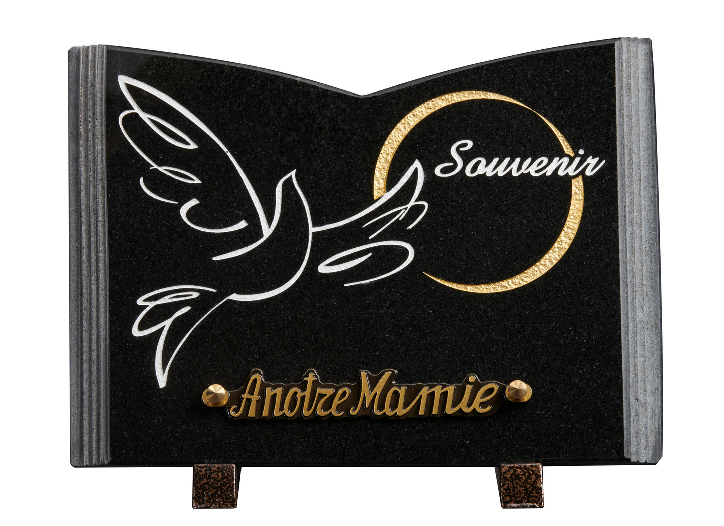 Plaque granit livre 18x25cm - Gravure colombe - OR - texte Souvenir