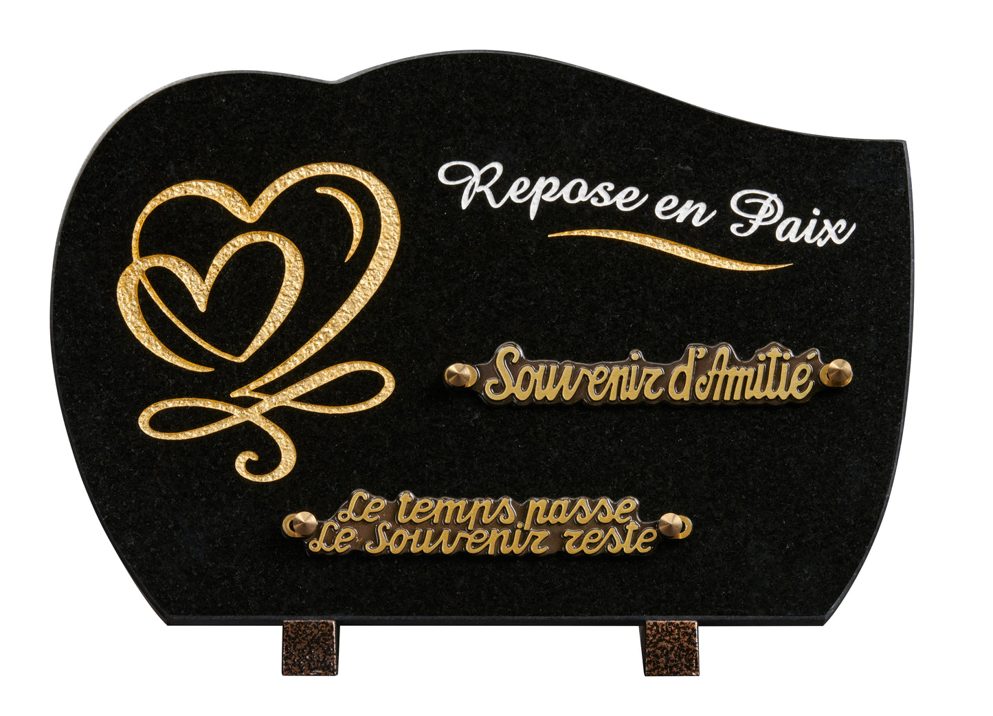 Plaque granit forme 20x30cm - Gravure coeurs OR - texte Repose