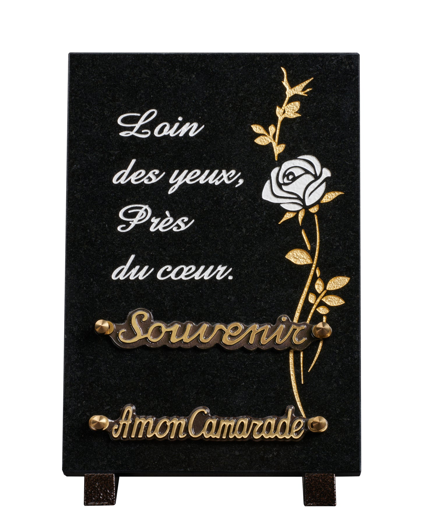 Plaque granit 20x30cm - Gravure rose blanc et OR -texte loin des yeux