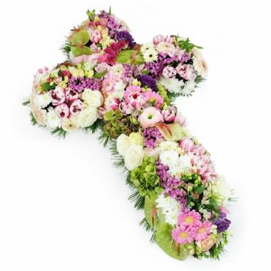 Croix de deuil de fleurs blanches & roses Céphale