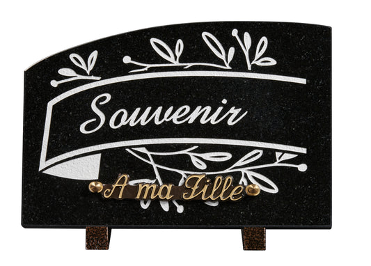 Plaque granit doucine 18x25cm - Gravure feuillage- texte Souvenir