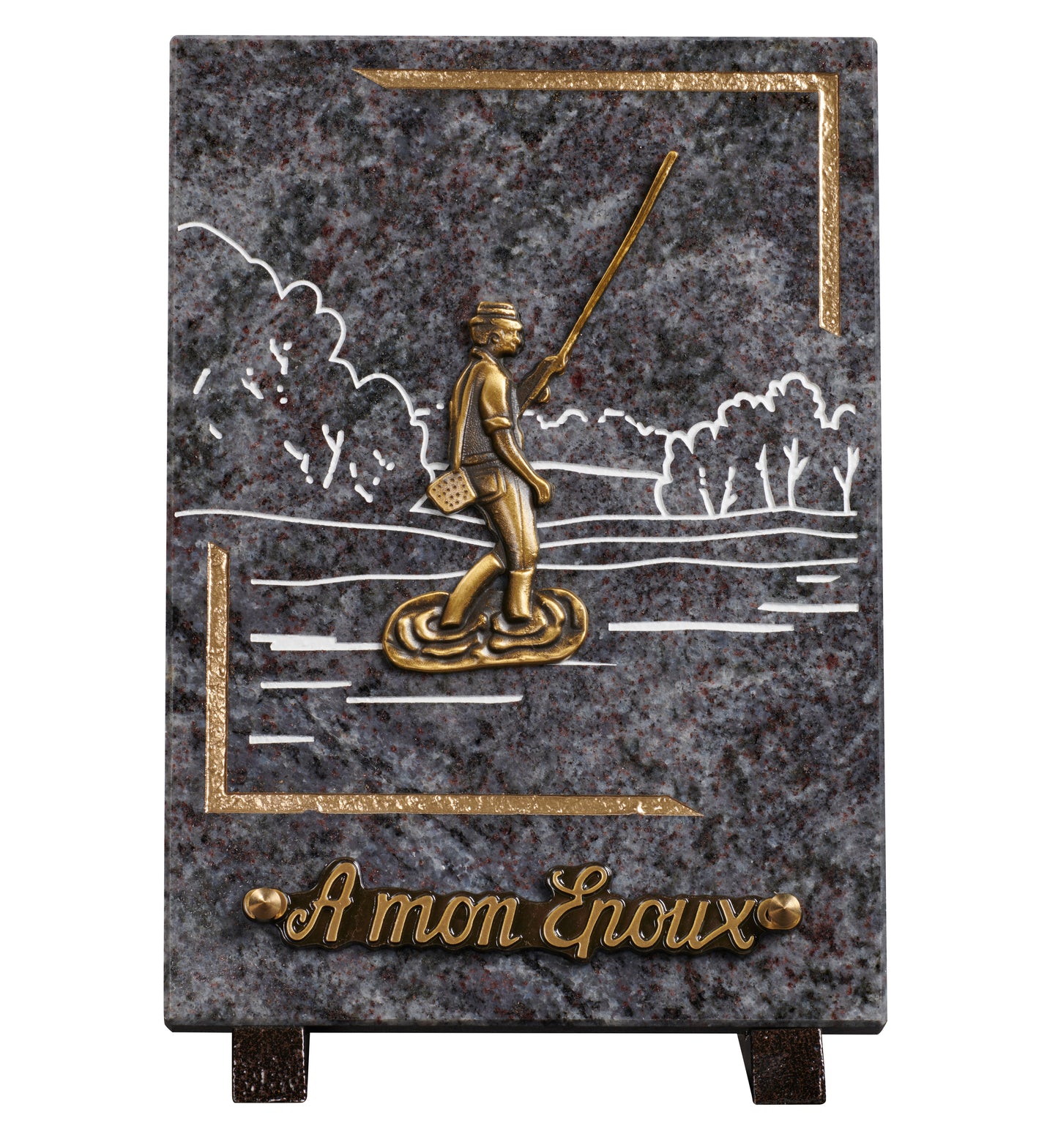 Plaque granit 18x25cm - Gravure Paysage - Bronze Pêcheur