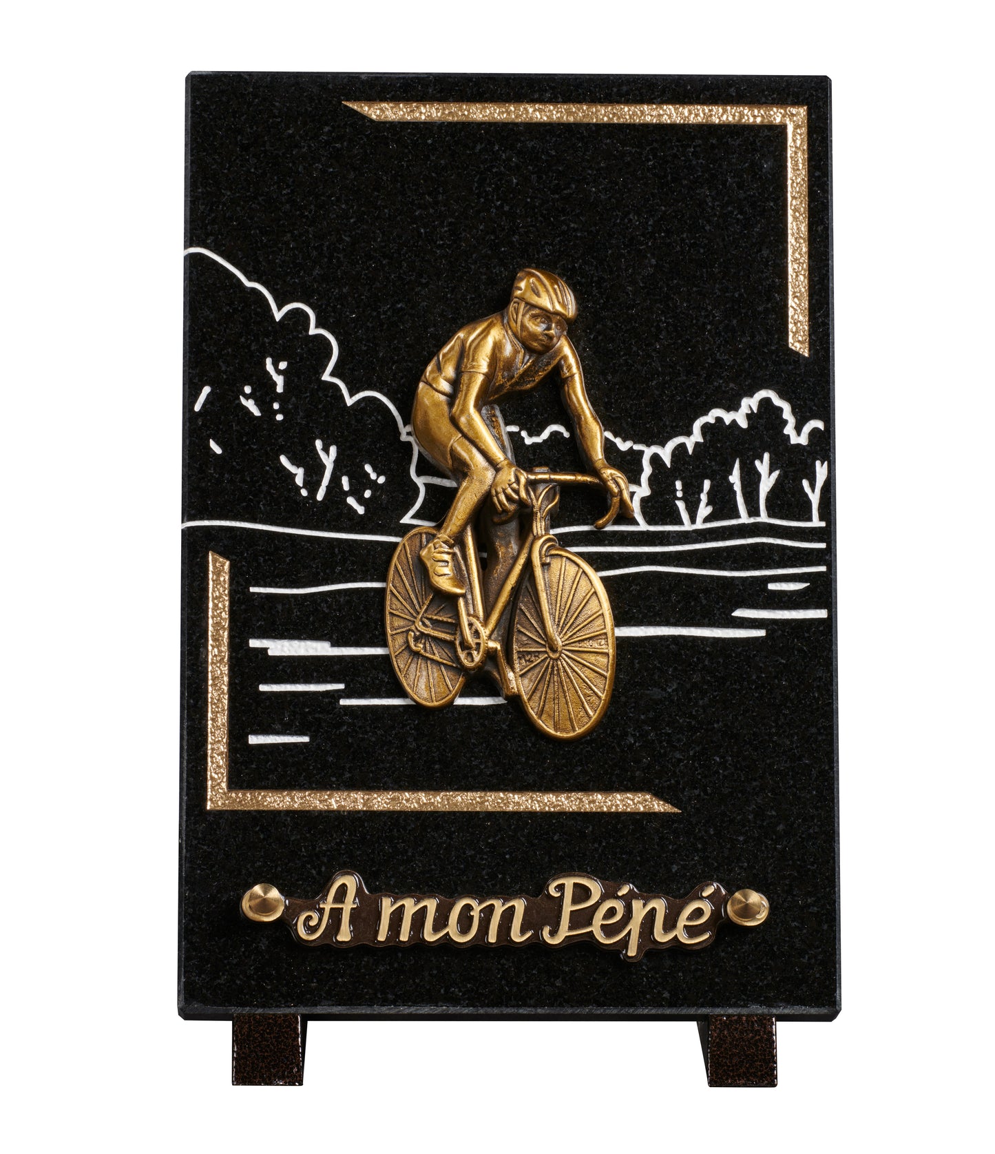 Plaque granit 18x25cm - Gravure Paysage - Bronze Cycliste