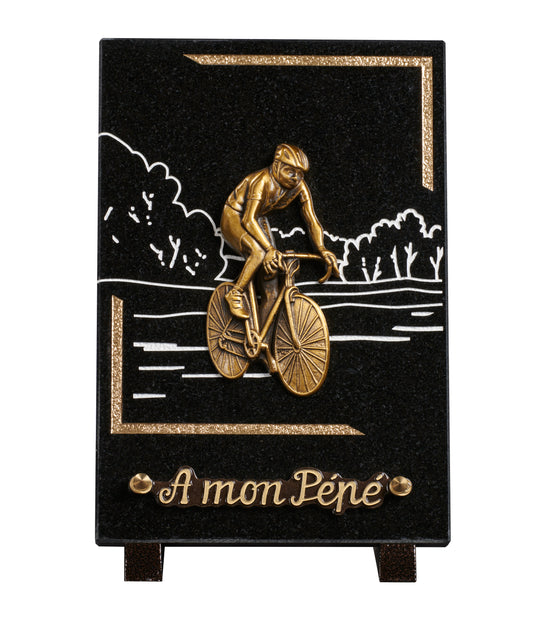 Plaque granit 18x25cm - Gravure Paysage - Bronze Cycliste