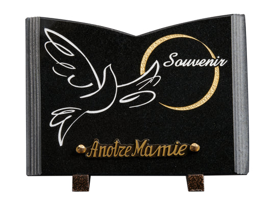 Plaque granit livre 18x25cm - Gravure colombe - OR - texte Souvenir