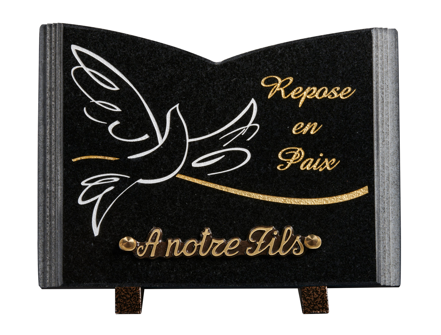 Plaque granit livre 18x25cm - Gravure colombe - OR - texte Repose