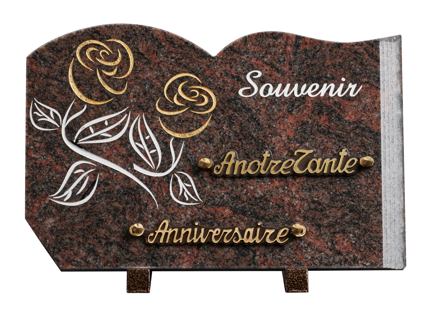 Plaque granit forme 20x30cm - Gravure OR roses- texte Souvenir