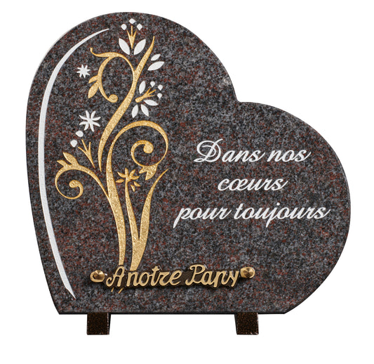 plaque granit coeur 27x28cm - Gravure fleurs OR-texte Dans nos cœurs