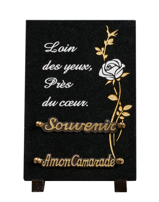 Plaque granit 20x30cm - Gravure rose blanc et OR -texte loin des yeux