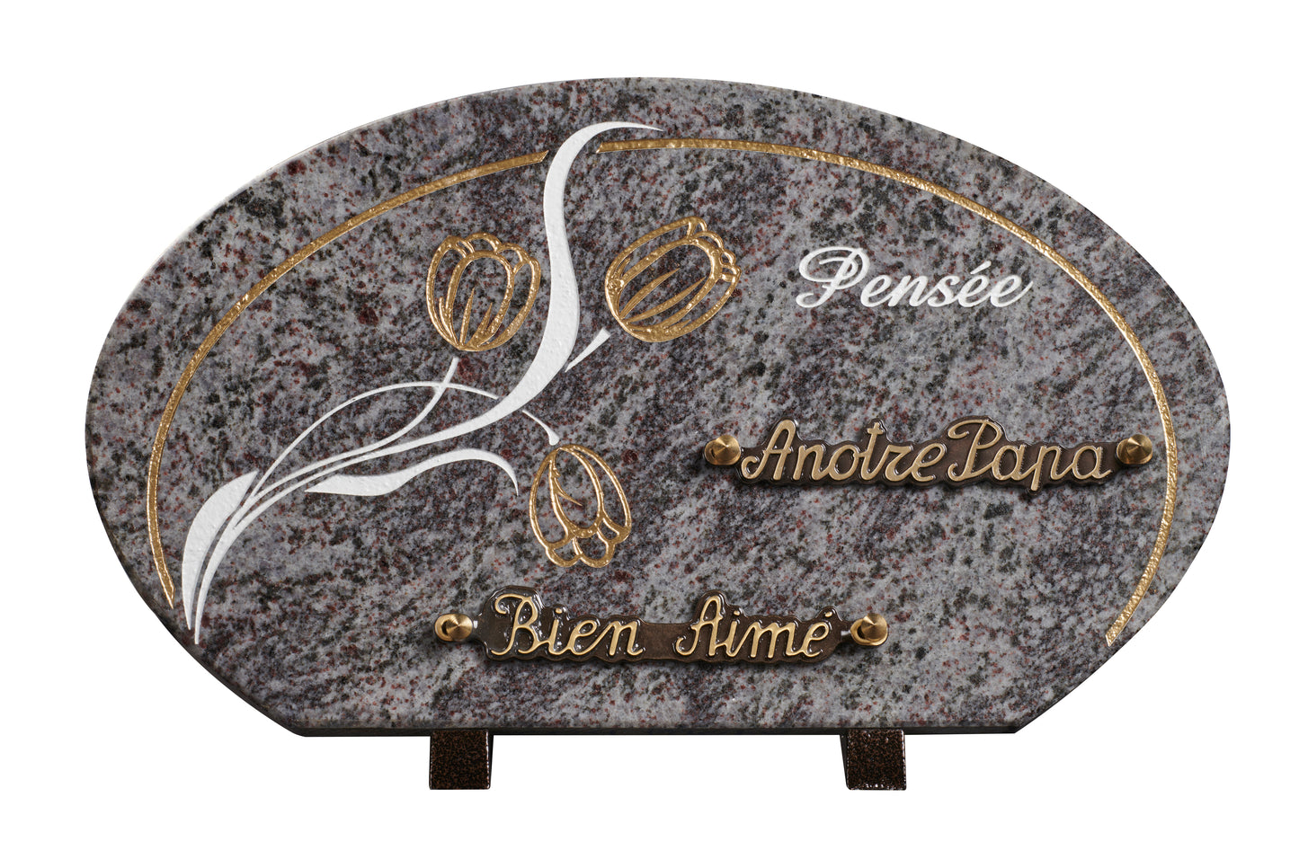 Plaque granit forme galet 20x35cm - Gravure tulipes-texte Pensée