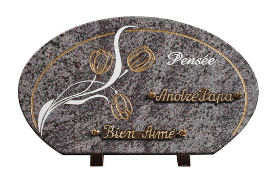 Plaque granit forme galet 20x35cm - Gravure tulipes-texte Pensée