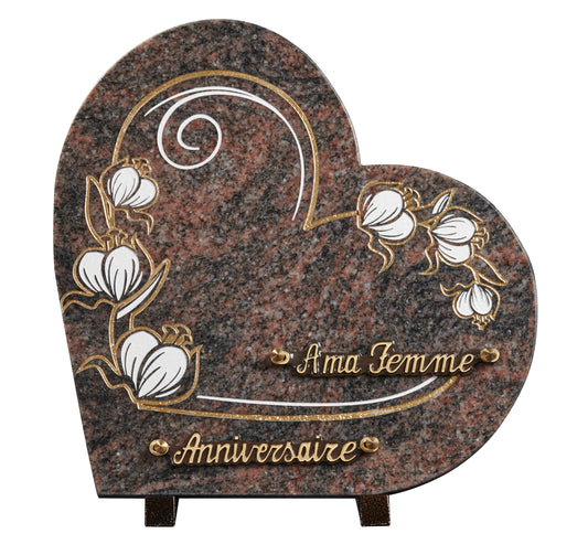 Plaque granit coeur 30x30cm - Gravure arabesque fleurs