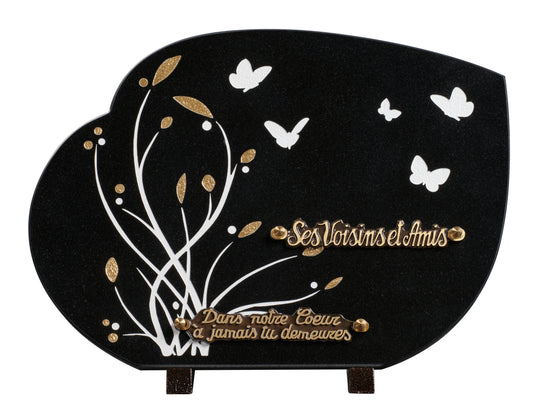 Plaque granit forme 25x35cm - Gravure fleur papillons