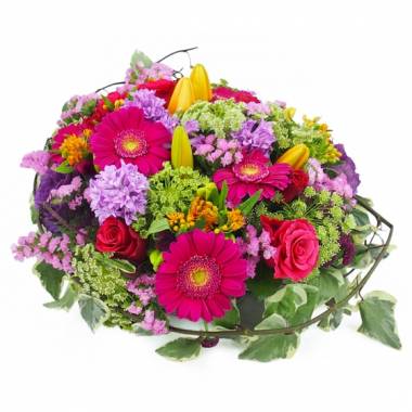 Composition de deuil fuchsias, mauves & orange Bacchus